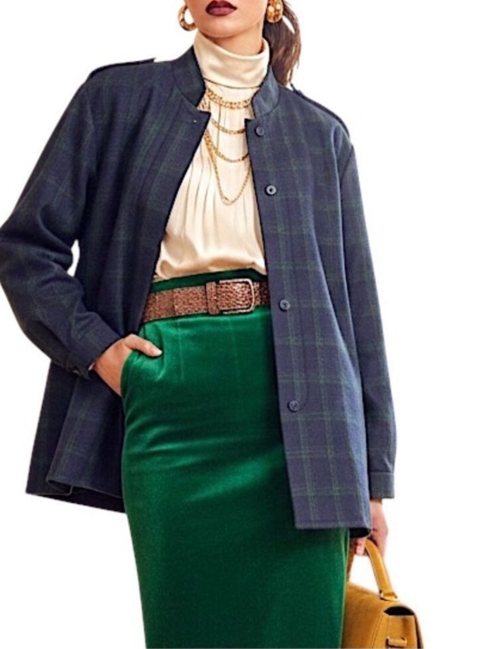 Vintage blue green plaid statement shoulder wool boxy shirt jacket shacket
